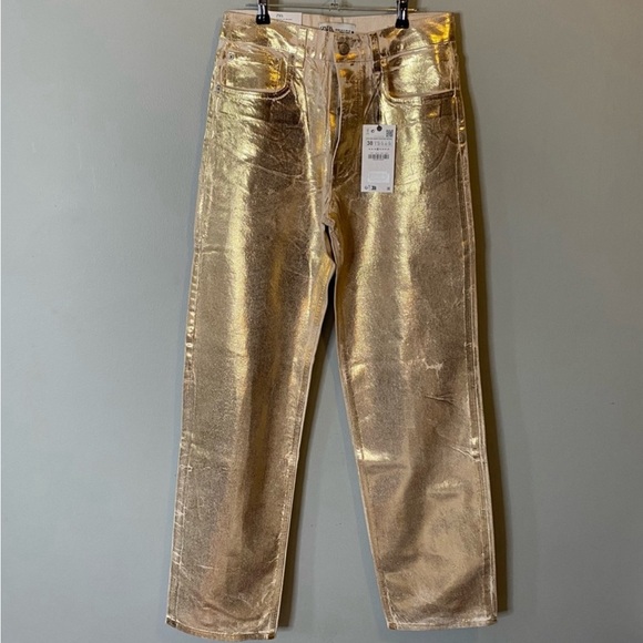 NWT Zara Boy Fit Gold Metallic Jeans. - Picture 1 of 6